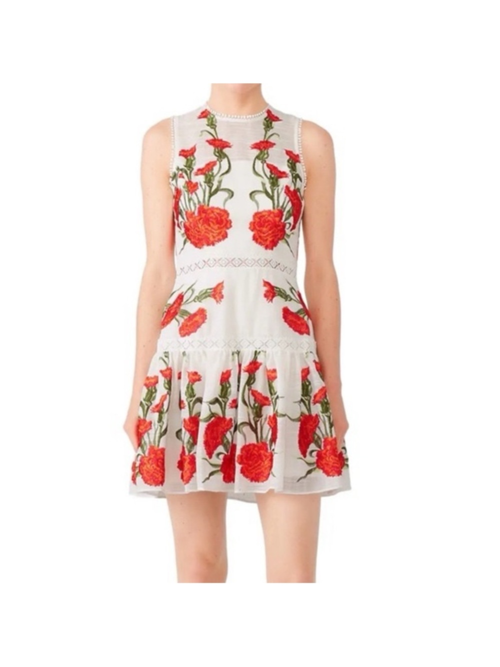 Alexis Sabella Sleeveless Red White Floral Embroidered Mini Dress Medium